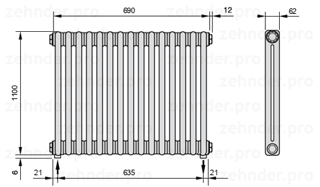 Схема (чертеж) Радиатор Zehnder Charleston 2110/15 №5310 Белый глянцевый RAL 9016